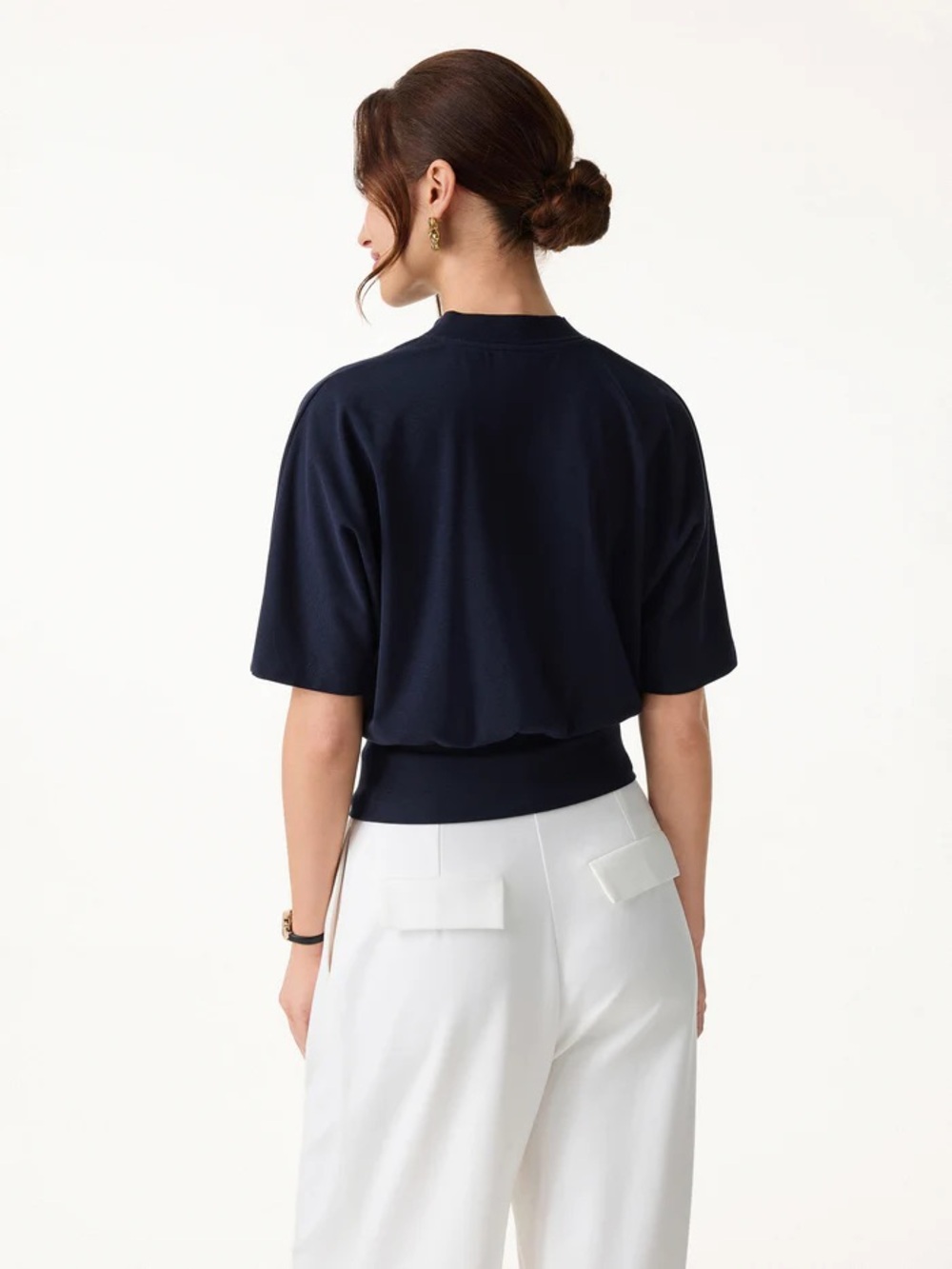 NWT OGL Stand Collar V-Neck Short Sleeve Top IN NAVY - Picture 5 of 5